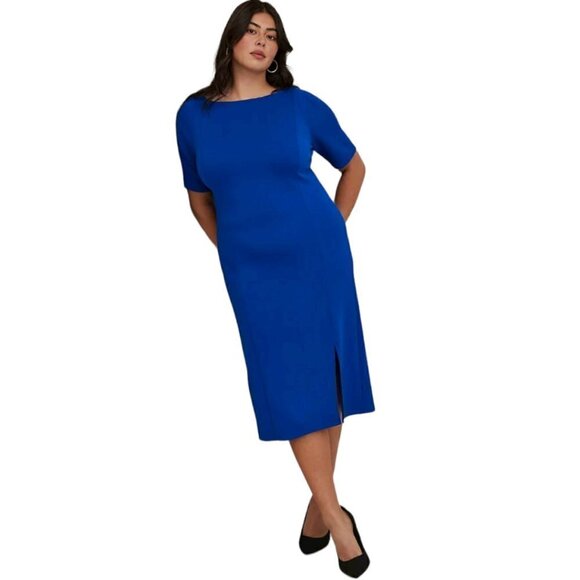 TORRID Midi Studio Cupro Bodycon Buttery Soft Short Sleeve Front Slit Blue Dress - Picture 1 of 8
